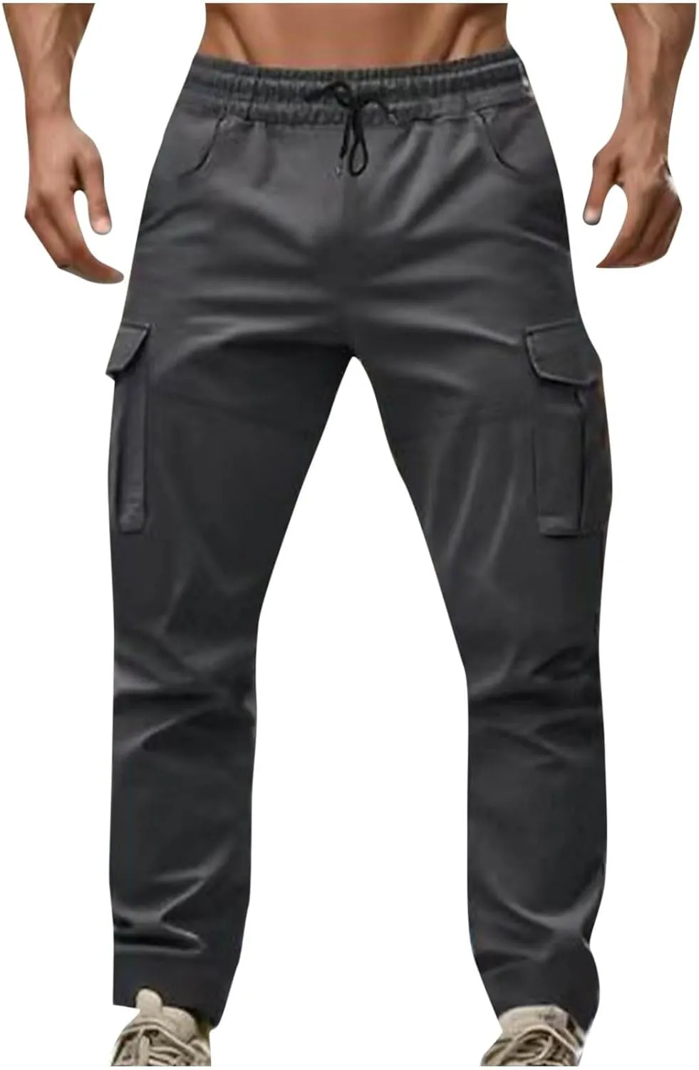 Sinzelimin Men's Cargo Pants Fashion Multiple Pockets Lace up Elastic Waist Loose Comfy Full Length Workwear Trouser