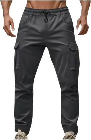 Sinzelimin Men's Cargo Pants Fashion Multiple Pockets Lace up Elastic Waist Loose Comfy Full Length Workwear Trouser