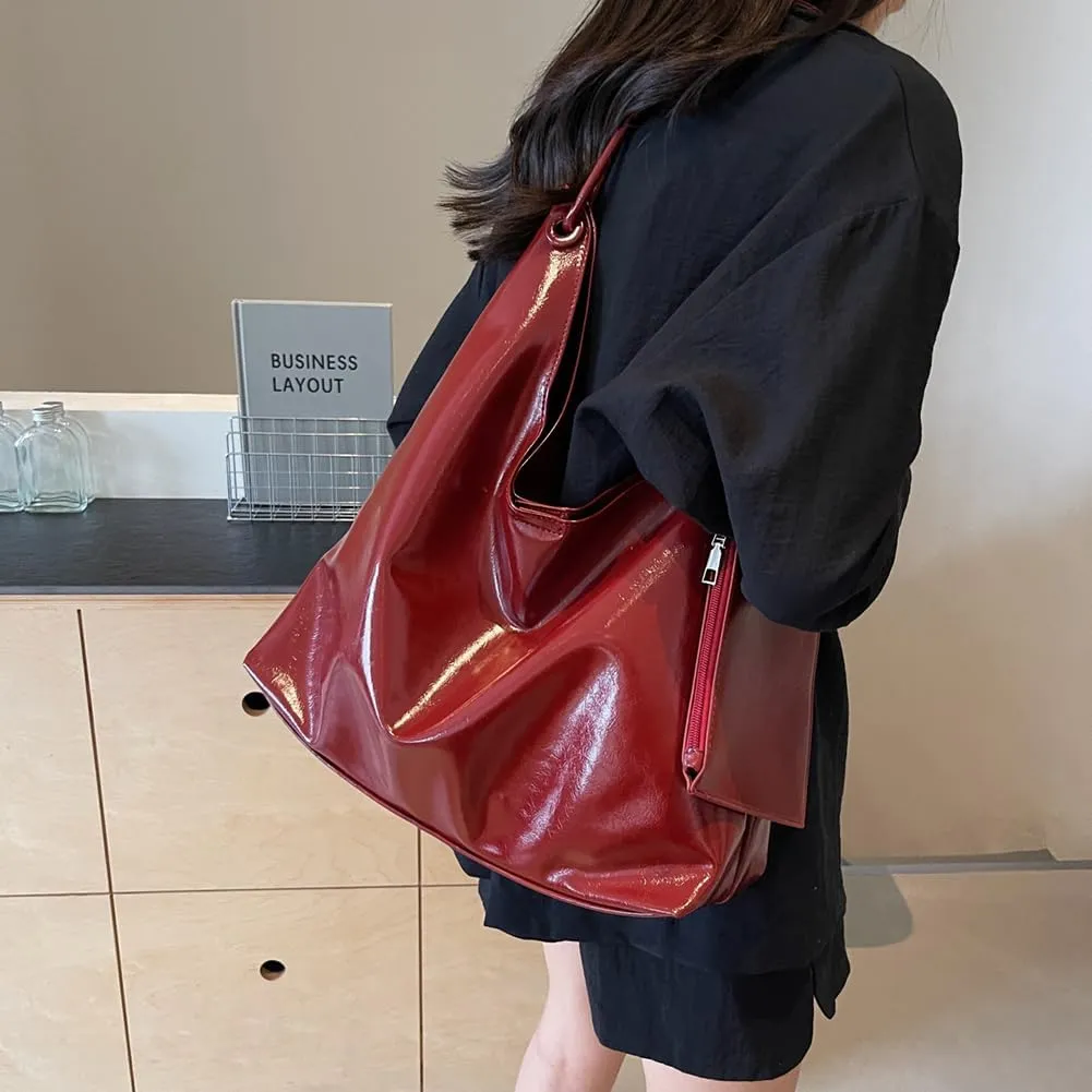 Slouchy Hobo Bags for Women Tote Bag, Vegan PU Leather Slouchy Shoulder Bag with Small Purse Satchel Work Bag