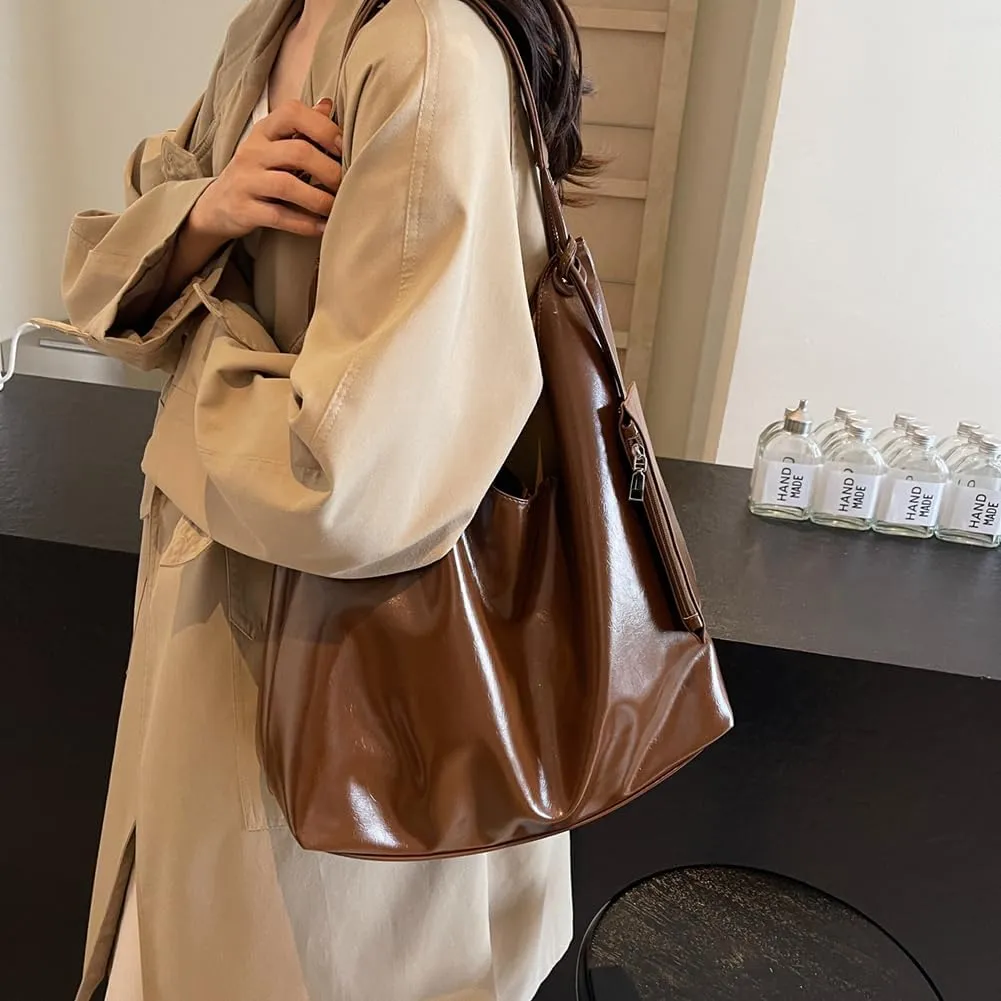 Slouchy Hobo Bags for Women Tote Bag, Vegan PU Leather Slouchy Shoulder Bag with Small Purse Satchel Work Bag