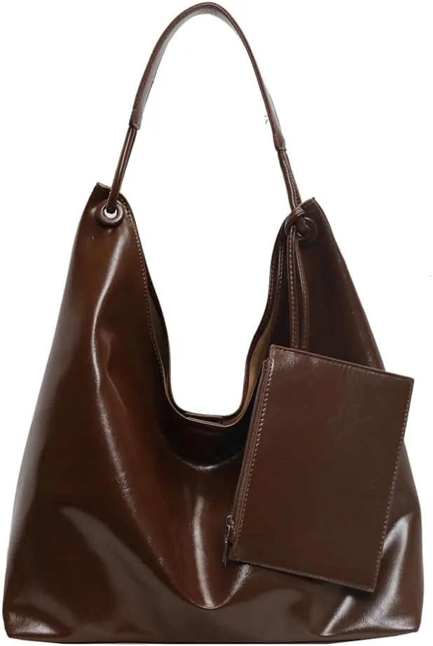 Slouchy Hobo Bags for Women Tote Bag, Vegan PU Leather Slouchy Shoulder Bag with Small Purse Satchel Work Bag