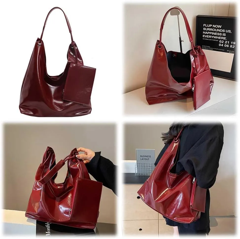Slouchy Hobo Bags for Women Tote Bag, Vegan PU Leather Slouchy Shoulder Bag with Small Purse Satchel Work Bag
