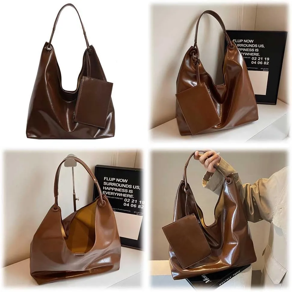 Slouchy Hobo Bags for Women Tote Bag, Vegan PU Leather Slouchy Shoulder Bag with Small Purse Satchel Work Bag