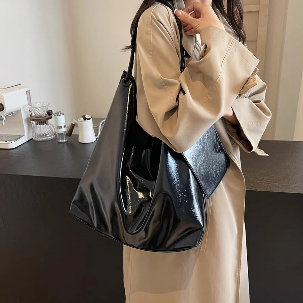 Slouchy Hobo Bags for Women Tote Bag, Vegan PU Leather Slouchy Shoulder Bag with Small Purse Satchel Work Bag