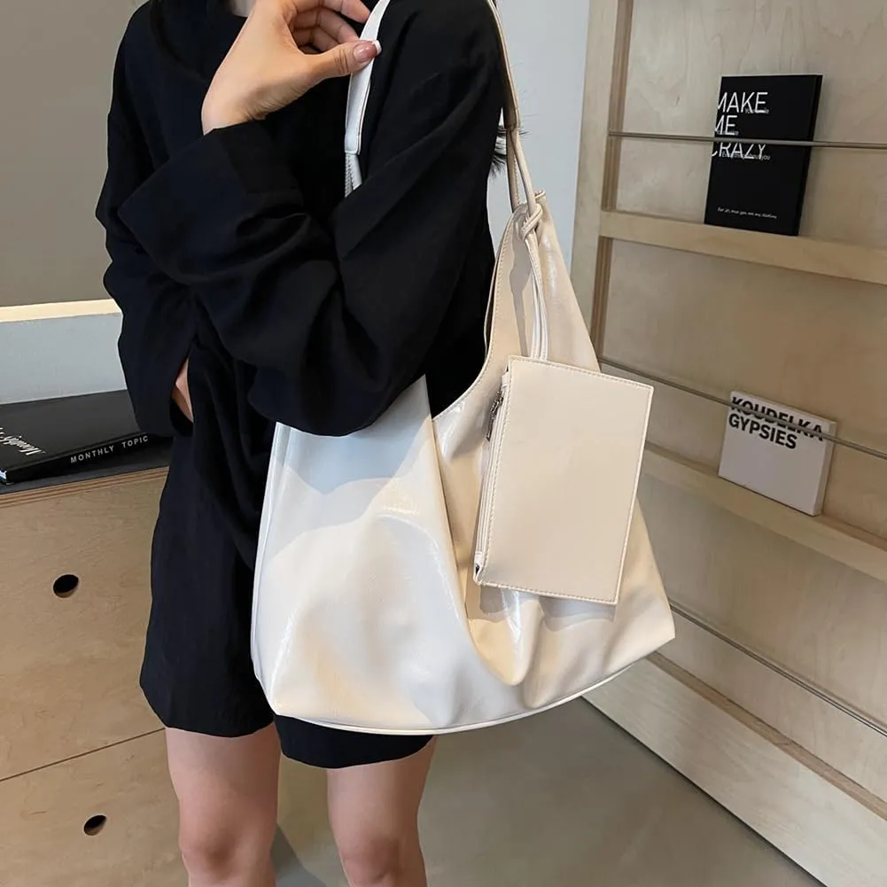 Slouchy Hobo Bags for Women Tote Bag, Vegan PU Leather Slouchy Shoulder Bag with Small Purse Satchel Work Bag