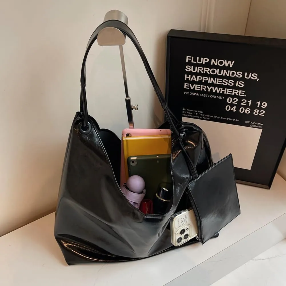 Slouchy Hobo Bags for Women Tote Bag, Vegan PU Leather Slouchy Shoulder Bag with Small Purse Satchel Work Bag