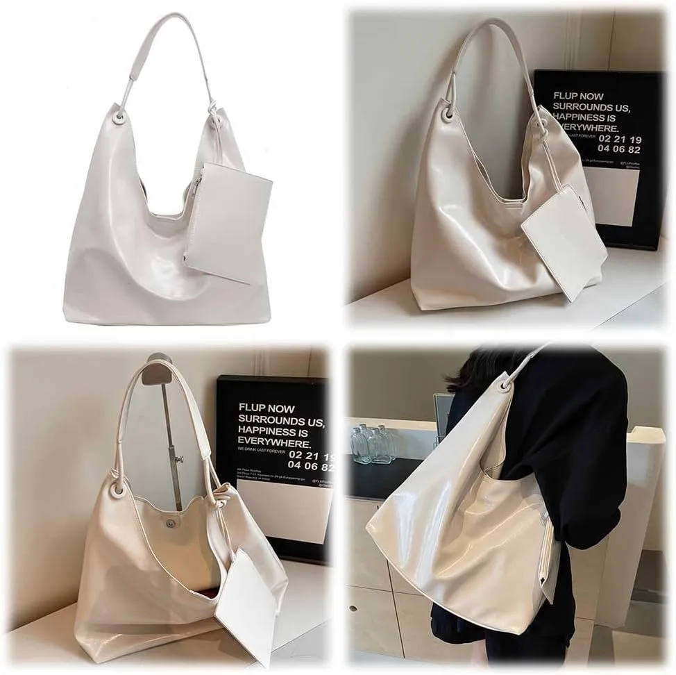 Slouchy Hobo Bags for Women Tote Bag, Vegan PU Leather Slouchy Shoulder Bag with Small Purse Satchel Work Bag