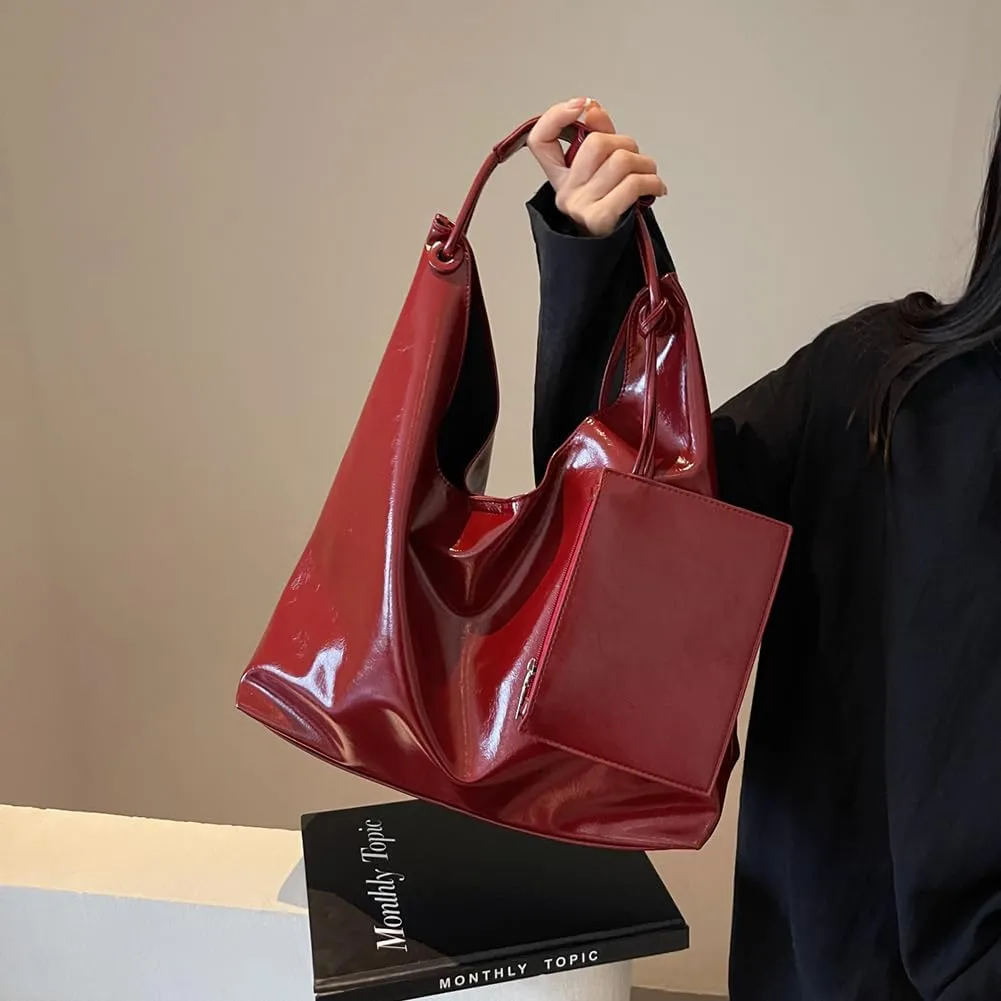 Slouchy Hobo Bags for Women Tote Bag, Vegan PU Leather Slouchy Shoulder Bag with Small Purse Satchel Work Bag