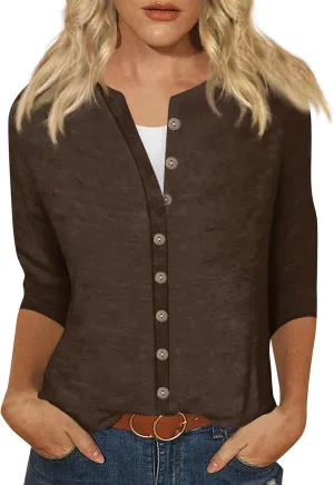 slqdgmryz Button Down Shirts for Women 3/4 Sleeve Lightweight Summer Cardigan Casual V Neck Three Quarter Length Cute Tops