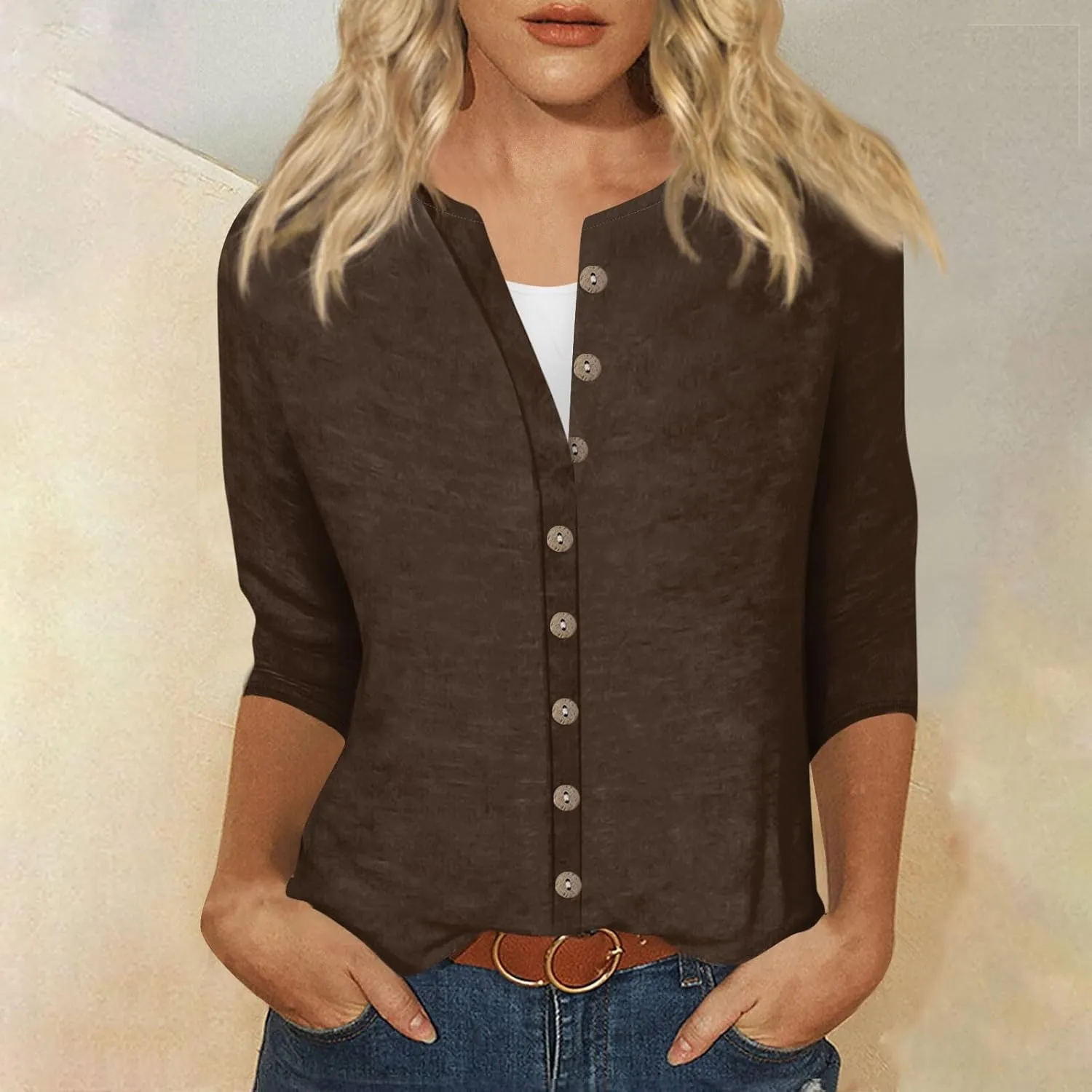 slqdgmryz Button Down Shirts for Women 3/4 Sleeve Lightweight Summer Cardigan Casual V Neck Three Quarter Length Cute Tops