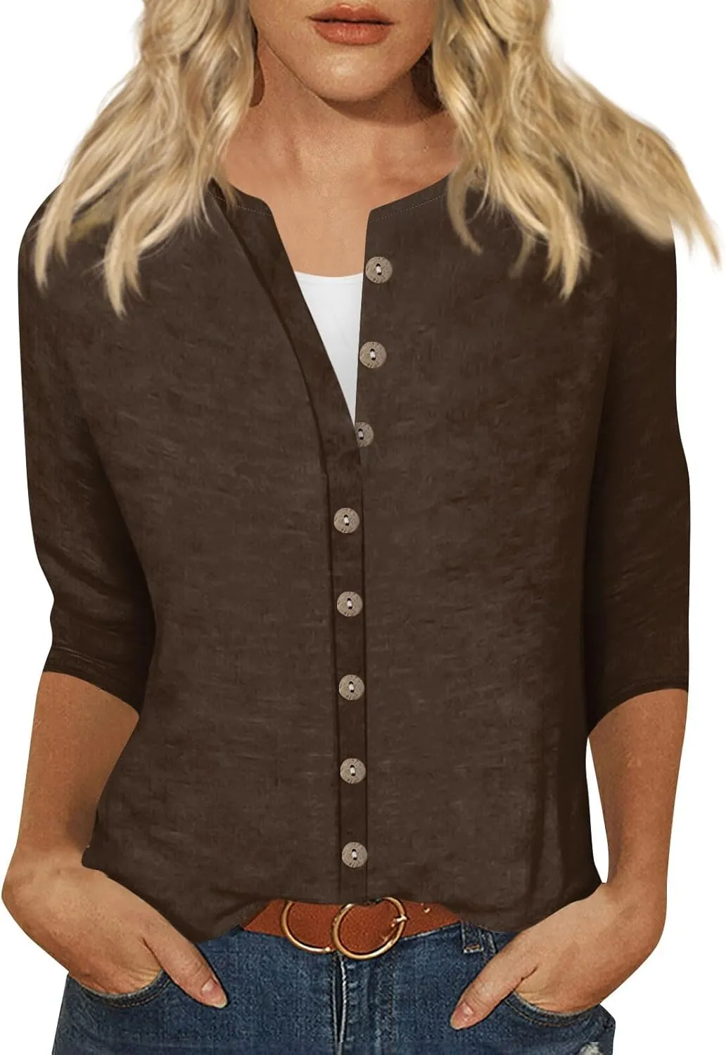 slqdgmryz Button Down Shirts for Women 3/4 Sleeve Lightweight Summer Cardigan Casual V Neck Three Quarter Length Cute Tops