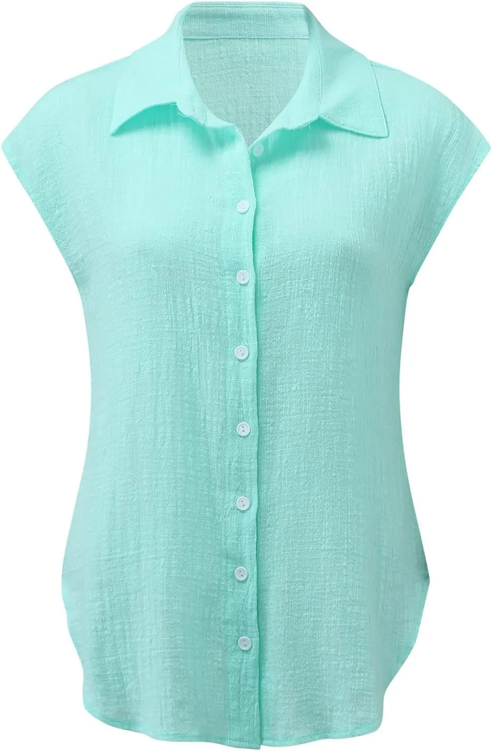 SMIDOW Womens Button Down Cotton Linen Shirts V Neck Roll Up Short Sleeve Blouses Loose Collared Shirt Casual Work Tops