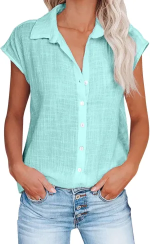 SMIDOW Womens Button Down Cotton Linen Shirts V Neck Roll Up Short Sleeve Blouses Loose Collared Shirt Casual Work Tops
