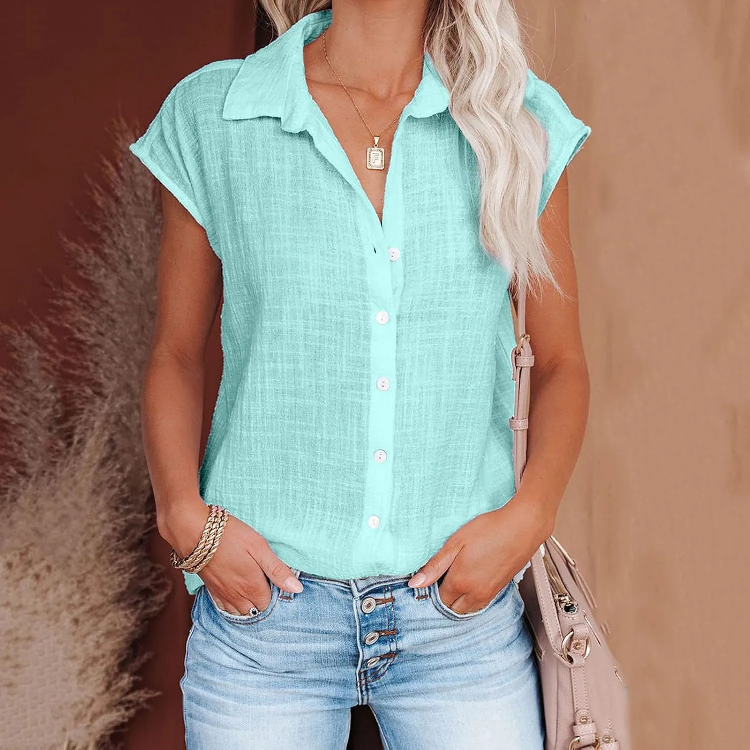 SMIDOW Womens Button Down Cotton Linen Shirts V Neck Roll Up Short Sleeve Blouses Loose Collared Shirt Casual Work Tops