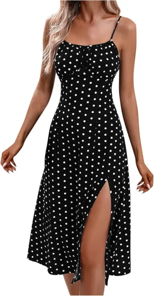 Spaghetti Strap Dresses for Women 2025 Polka Dot Dress Trendy Sleeveless Slit Summer Sundress Beach Holiday Sexy Dress