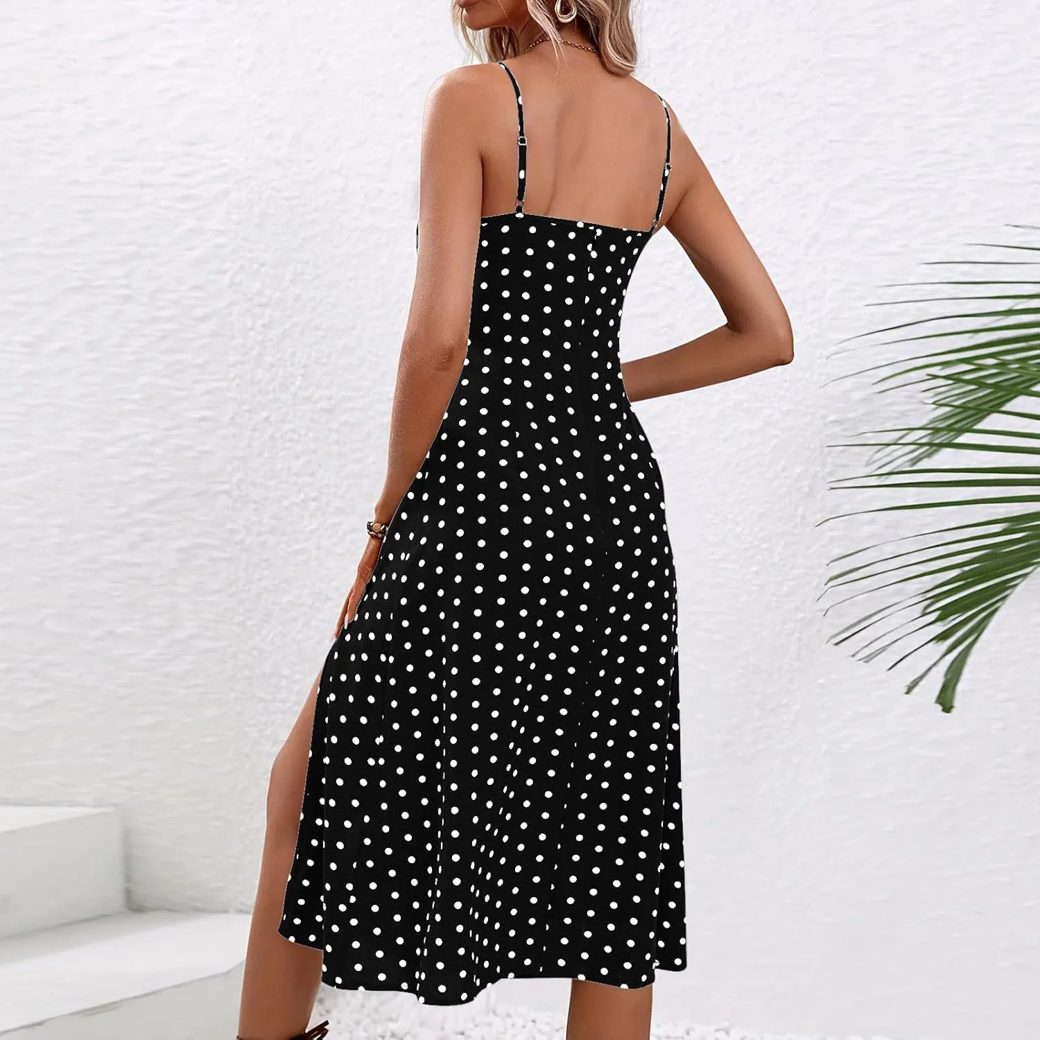 Spaghetti Strap Dresses for Women 2025 Polka Dot Dress Trendy Sleeveless Slit Summer Sundress Beach Holiday Sexy Dress