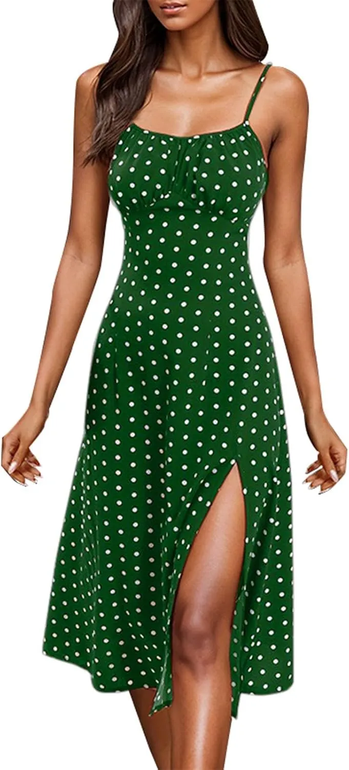 Spaghetti Strap Dresses for Womens Polka Dot Sexy Sleeveless Slit Bodycon Dress Summer Beach Flowy Vacation Sundress