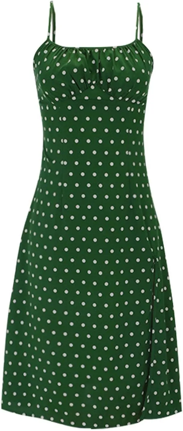 Spaghetti Strap Dresses for Womens Polka Dot Sexy Sleeveless Slit Bodycon Dress Summer Beach Flowy Vacation Sundress