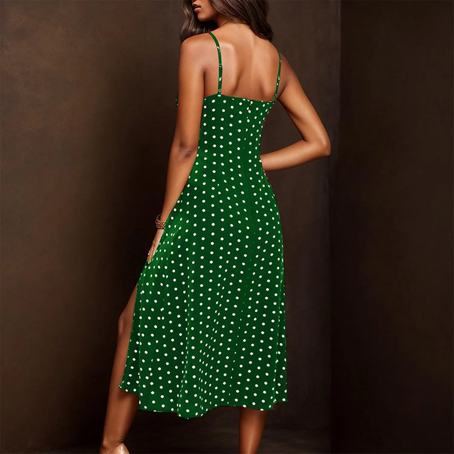 Spaghetti Strap Dresses for Womens Polka Dot Sexy Sleeveless Slit Bodycon Dress Summer Beach Flowy Vacation Sundress