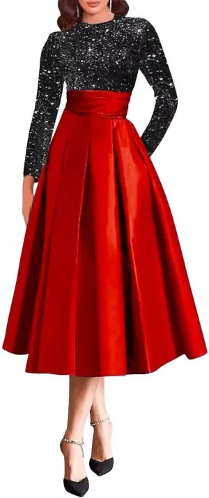 Sparkly Sequin Wedding Gown Long Sleeve Tea Length A Line Formal Dress Mother of The Bride Dresses for Women
