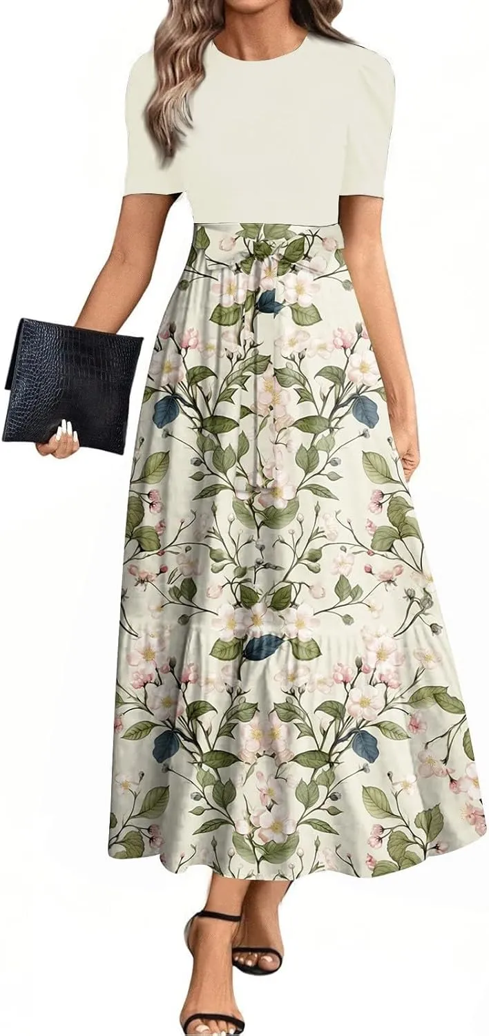 Spring Dresses for Women 2025 Women's Casual Short Sleeves Maxi Dress with High Waist Perfect for Parties and Weddings