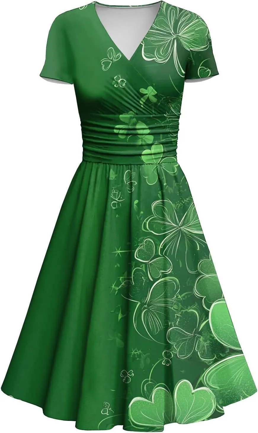St Patricks Dress Women Dressy Short Sleeve Princess V Neck Pulled Ruffle Shamrock Print Waist Drawstring Sexy Dresses