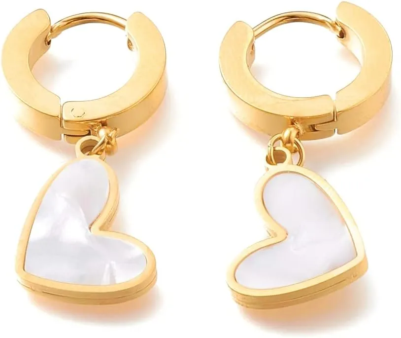 Stainless Steel Hoop Earrings- Natural White Shell Heart -Women