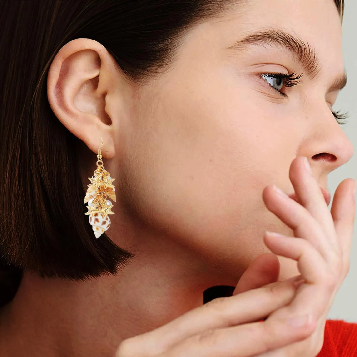 Starfish Earrings for Women Gold Cowrie Shell Conch Earrings Pearl Starfish Dangle Earrings for Women Hawaii Beach Ocean Jewelry