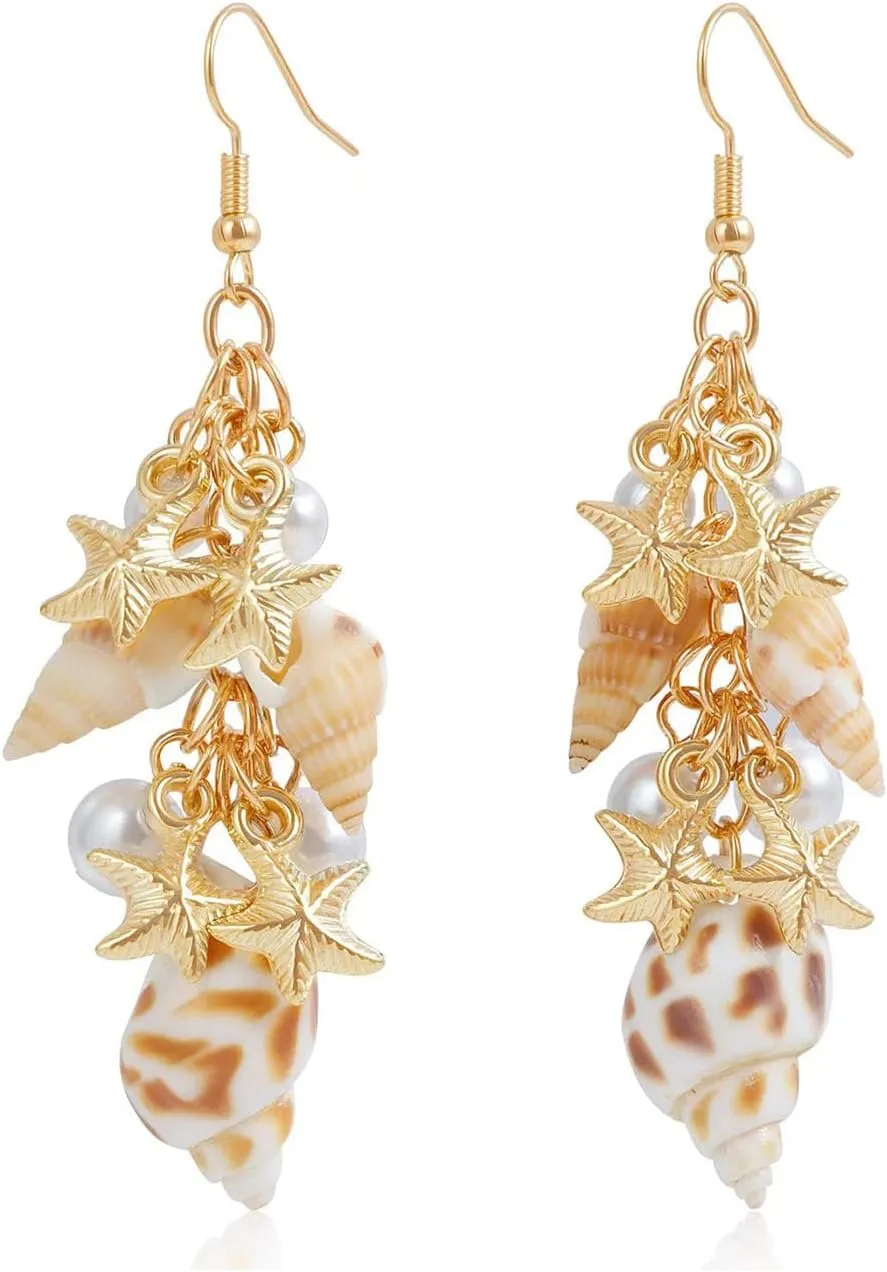 Starfish Earrings for Women Gold Cowrie Shell Conch Earrings Pearl Starfish Dangle Earrings for Women Hawaii Beach Ocean Jewelry