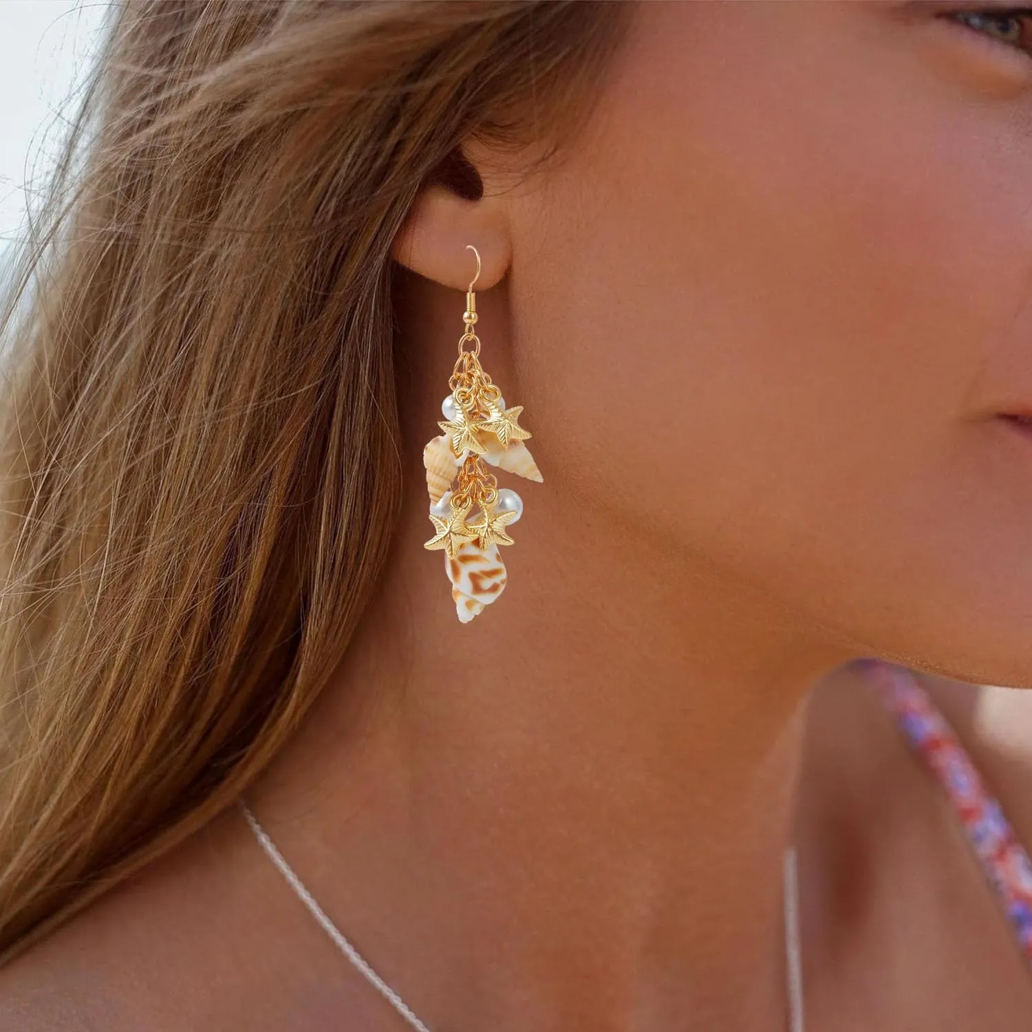 Starfish Earrings for Women Gold Cowrie Shell Conch Earrings Pearl Starfish Dangle Earrings for Women Hawaii Beach Ocean Jewelry