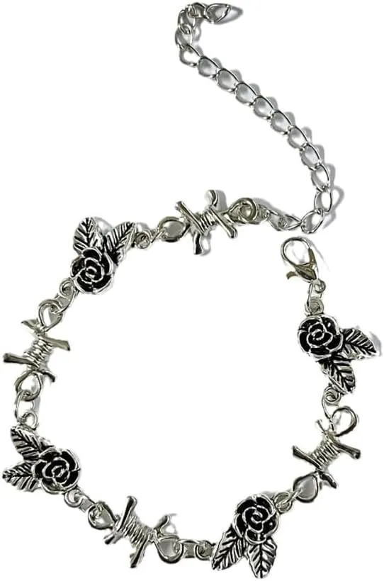 Stylish Thorned Rose Bracelet Adjustable Hand Chain Flowers Link Bangles Victorian Style Jewelry for Fashionable Ladies, Metal, Metal