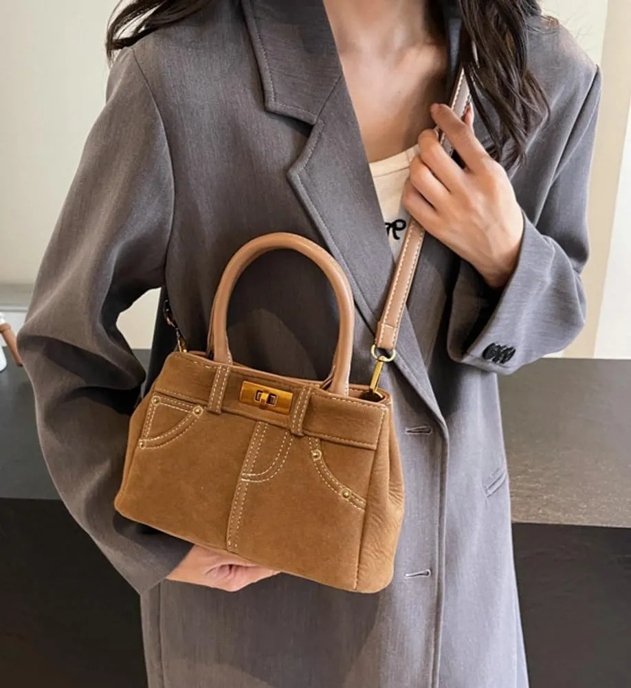 Suede Satchels Shoulder Bag for Women Retro Suede Tote Bag Purse Crossbody Bag Winter Fall Suede Top-handle Handbag Tote Bag