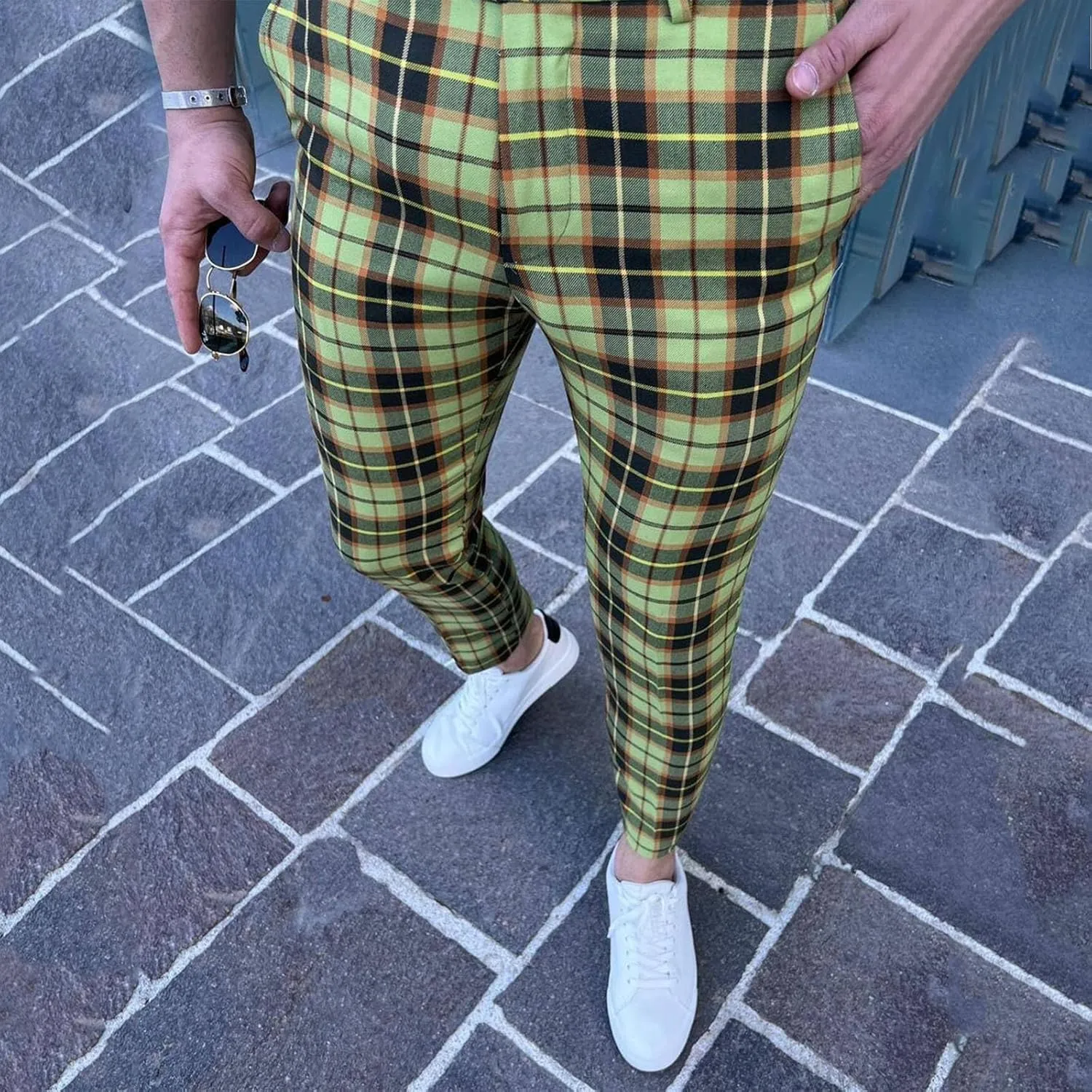 Suit Pants for Men's,Fashion Plaid Tweed Stretch Dress Pants Work Slacks Skinny Slim Fit Dress Trousers