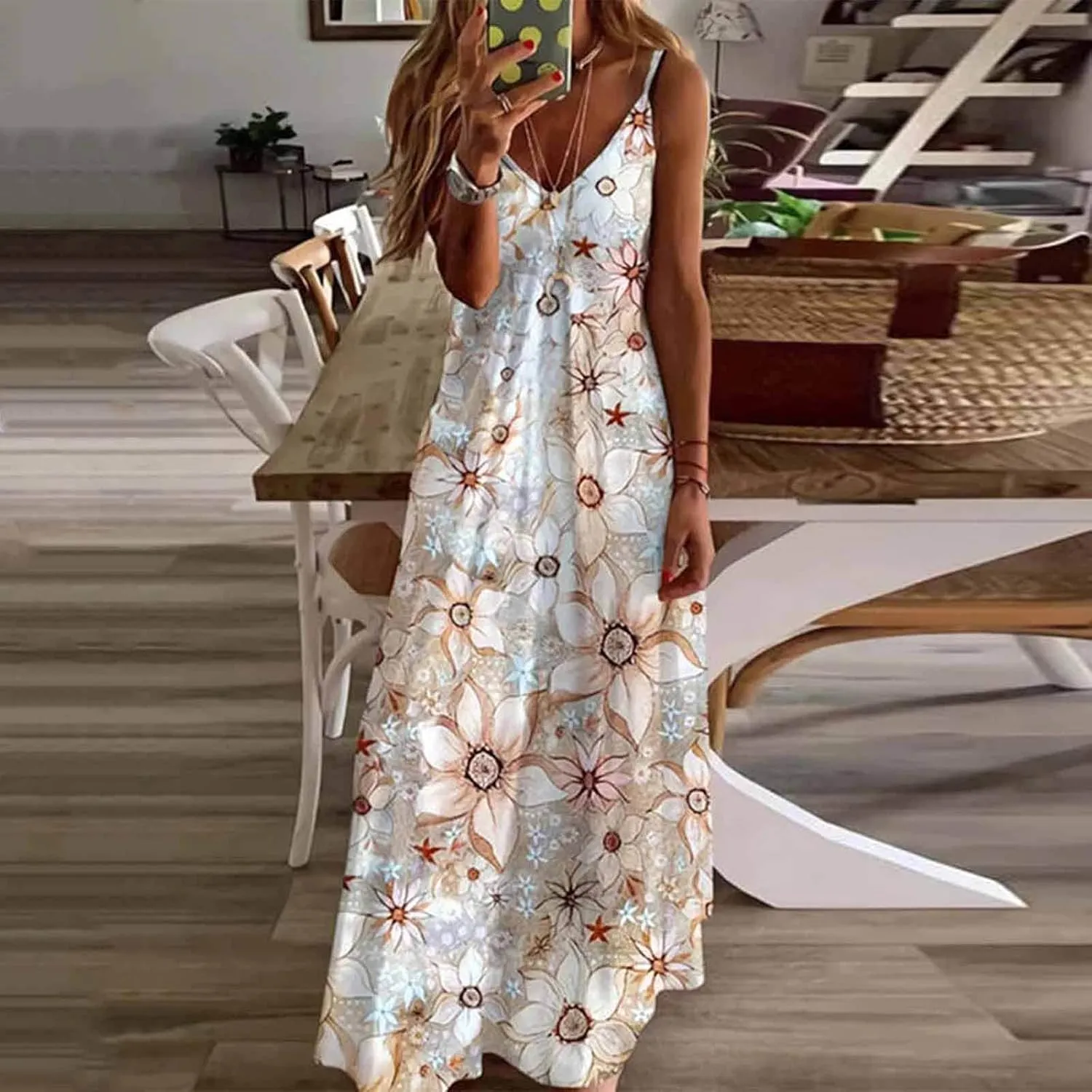 Summer Boho Dresses for Women 2024 Floral Print V Neck Sleeveless Maxi Dress Slim Casual Halter Flowy Beach Vacation Sundress