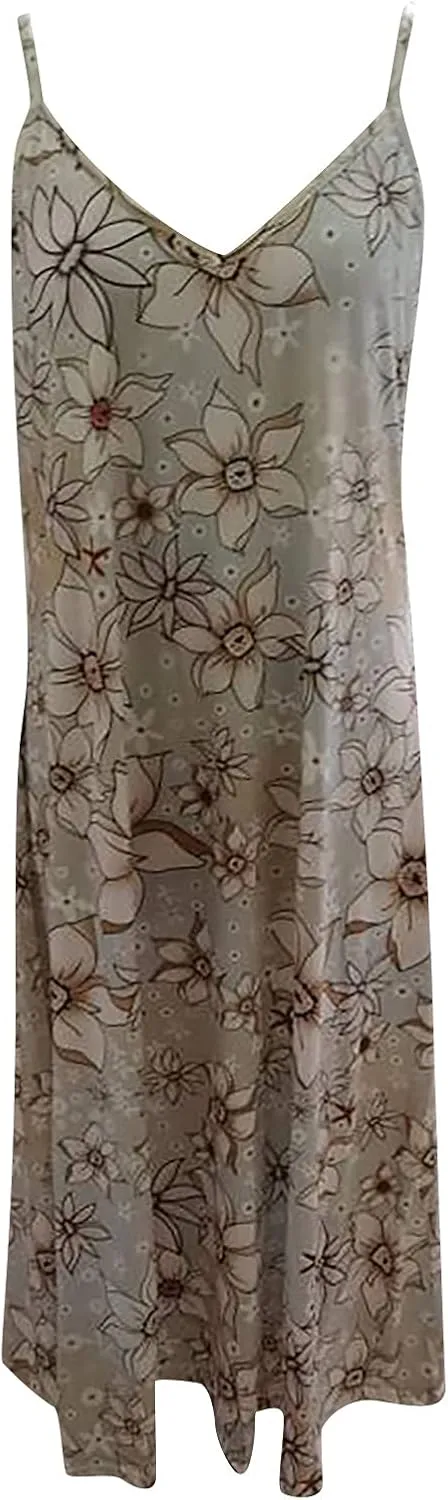 Summer Boho Dresses for Women 2024 Floral Print V Neck Sleeveless Maxi Dress Slim Casual Halter Flowy Beach Vacation Sundress