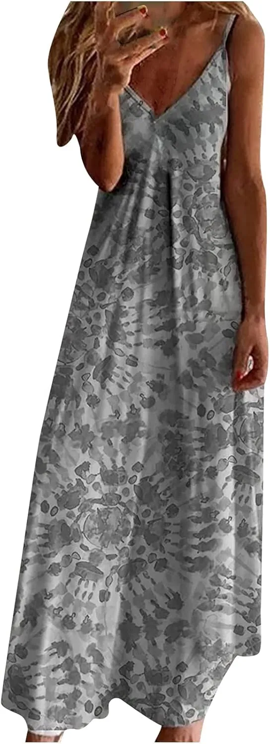 Summer Boho Dresses for Women 2024 Floral Print V Neck Sleeveless Maxi Dress Slim Casual Halter Flowy Beach Vacation Sundress