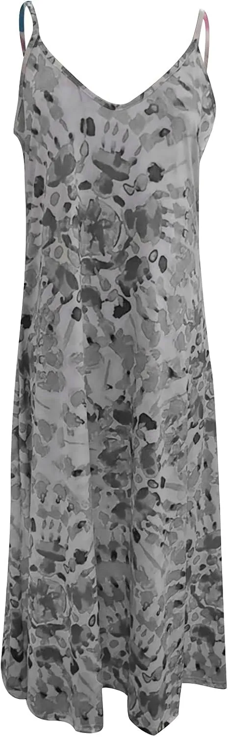 Summer Boho Dresses for Women 2024 Floral Print V Neck Sleeveless Maxi Dress Slim Casual Halter Flowy Beach Vacation Sundress