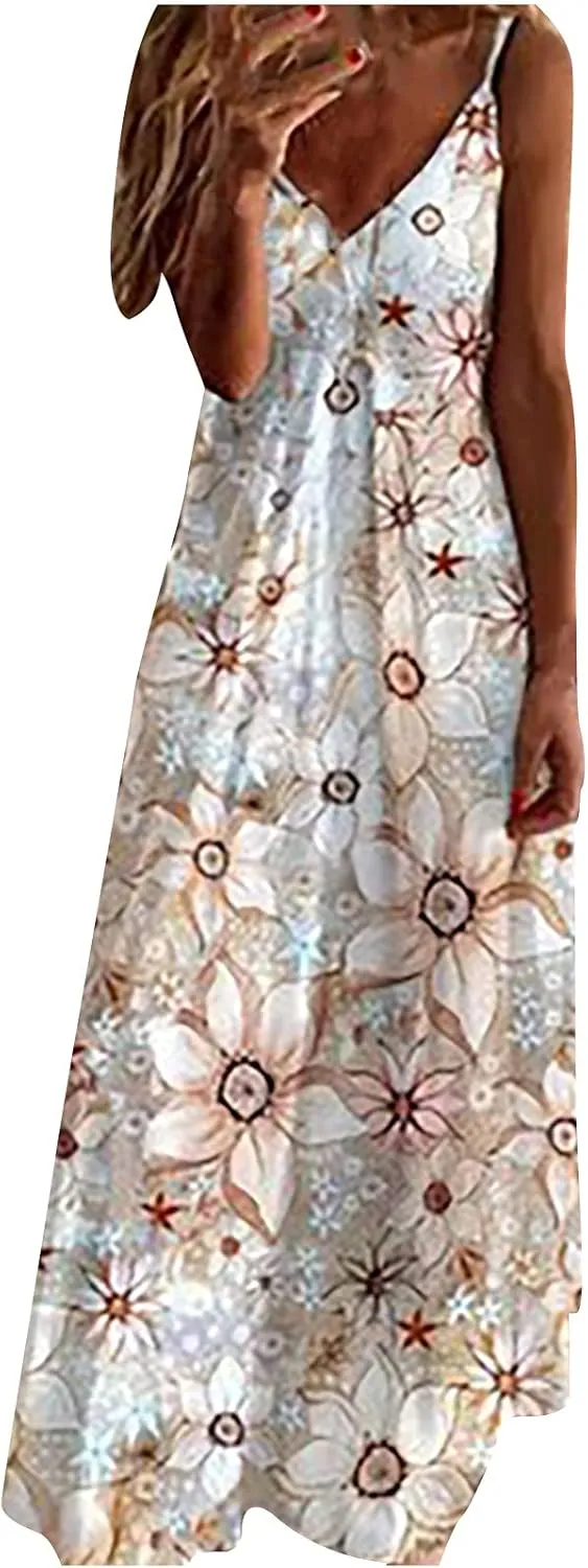 Summer Boho Dresses for Women 2024 Floral Print V Neck Sleeveless Maxi Dress Slim Casual Halter Flowy Beach Vacation Sundress