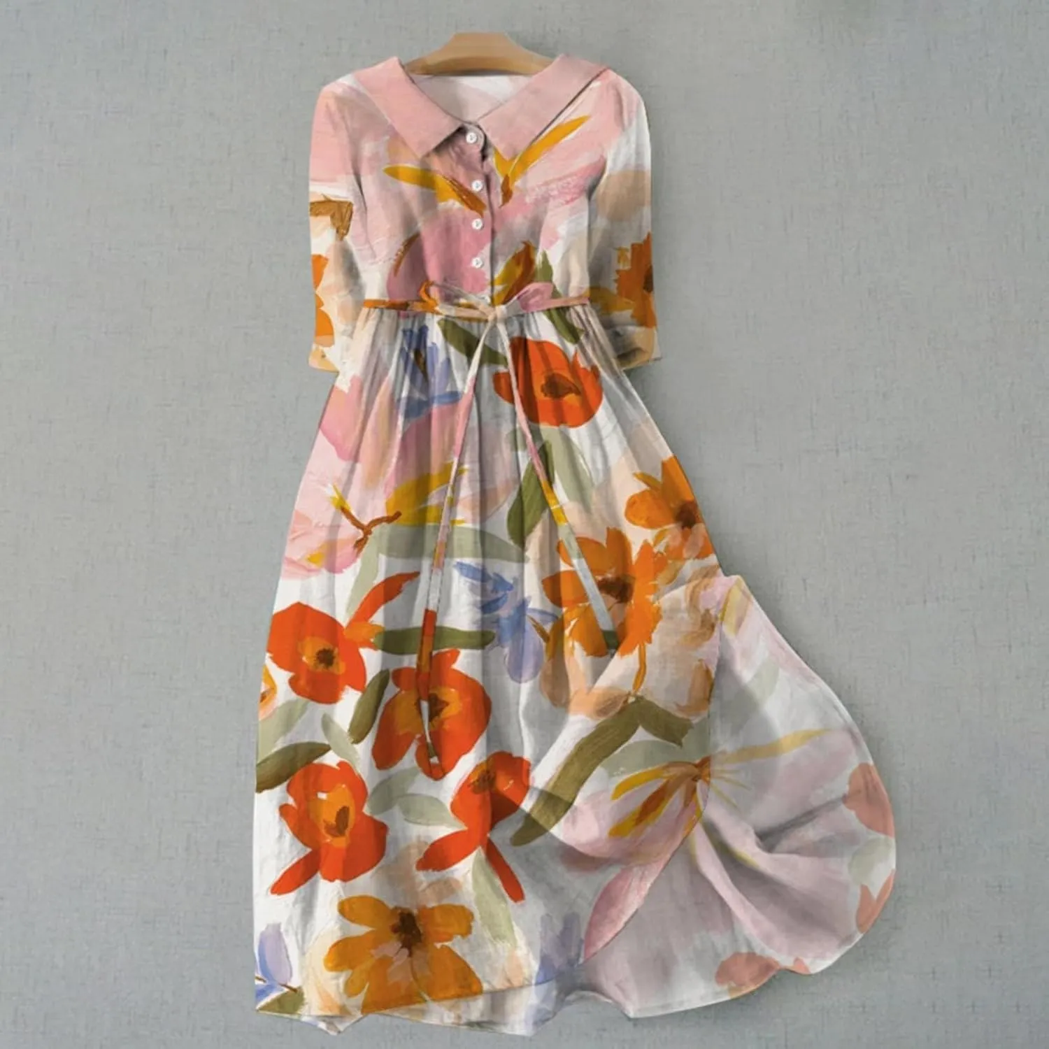 Summer Dresses for Women 2025 Maxi Button Down Plus Size A Line Dress Trendy Beach 3/4 Sleeve Boho Ruffle Floral Dress