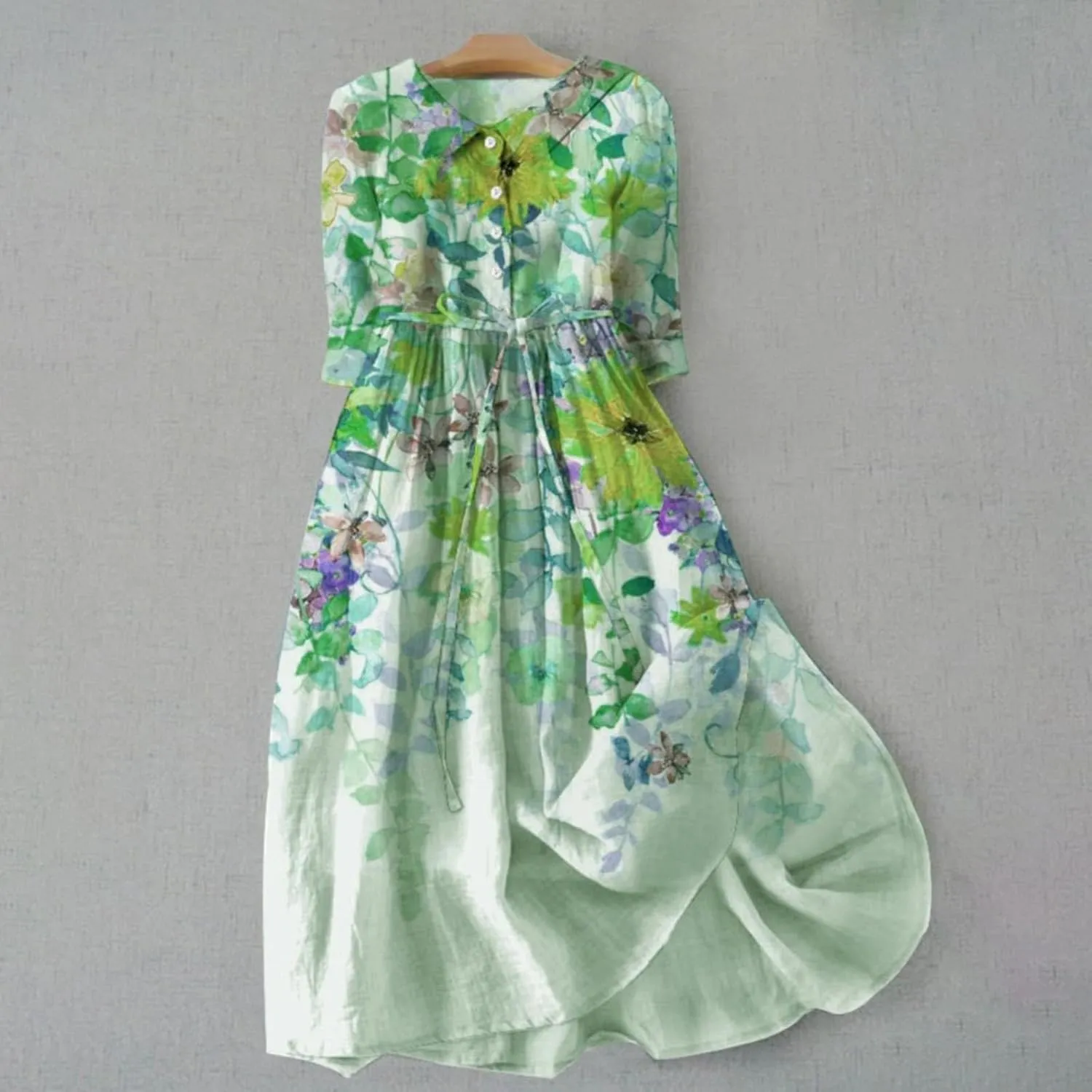Summer Dresses for Women 2025 Maxi Button Down Plus Size A Line Dress Trendy Beach 3/4 Sleeve Boho Ruffle Floral Dress