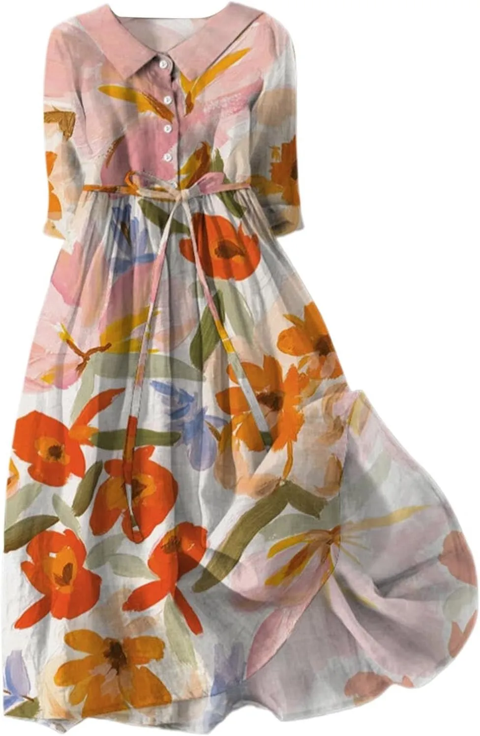Summer Dresses for Women 2025 Maxi Button Down Plus Size A Line Dress Trendy Beach 3/4 Sleeve Boho Ruffle Floral Dress