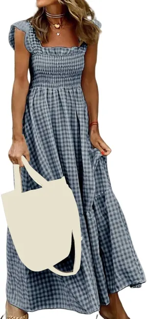 Summer Dresses for Women 2025 Strap Maxi Flowy Dresses Flying Sleeve Plaid Square Neck Casual Beach Vacation Sundress