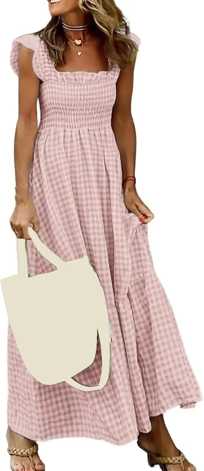 Summer Dresses for Women 2025 Strap Maxi Flowy Dresses Flying Sleeve Plaid Square Neck Casual Beach Vacation Sundress