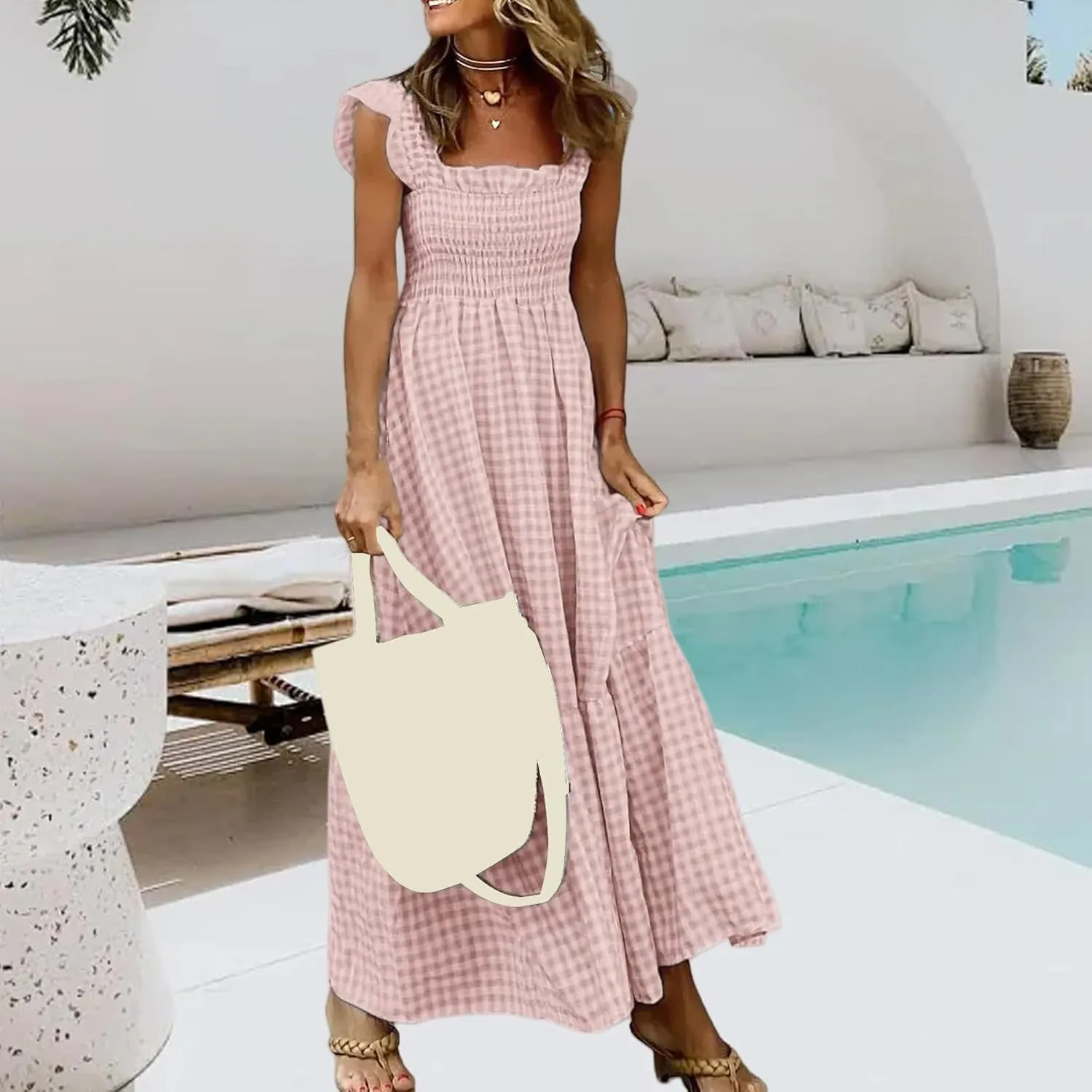 Summer Dresses for Women 2025 Strap Maxi Flowy Dresses Flying Sleeve Plaid Square Neck Casual Beach Vacation Sundress