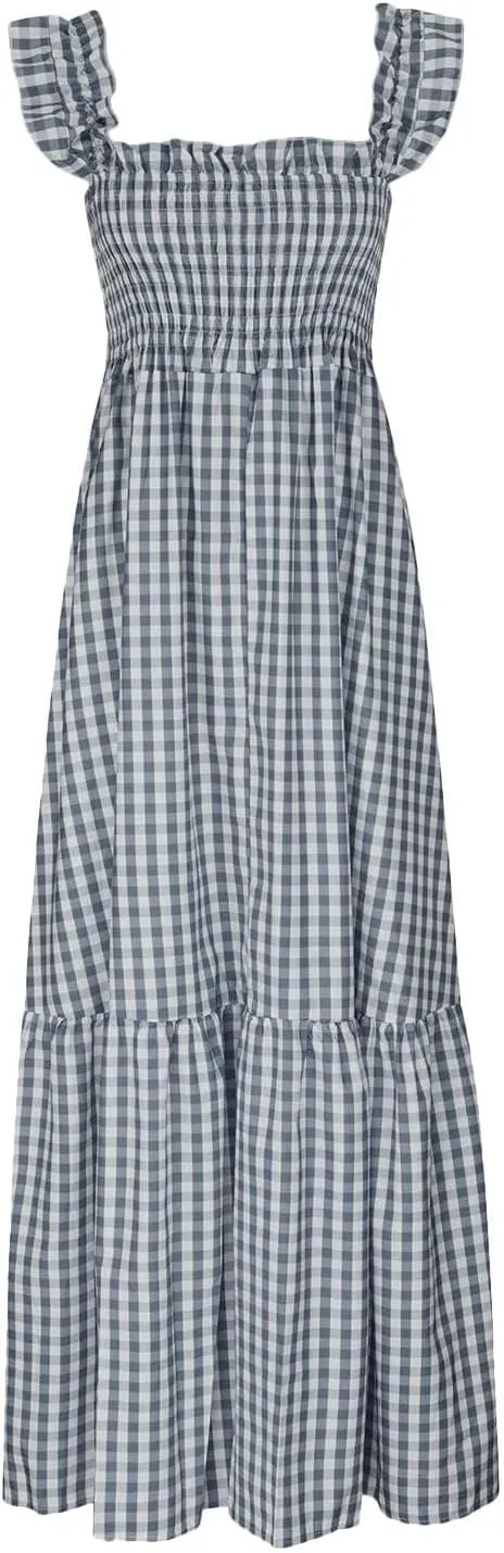 Summer Dresses for Women 2025 Strap Maxi Flowy Dresses Flying Sleeve Plaid Square Neck Casual Beach Vacation Sundress