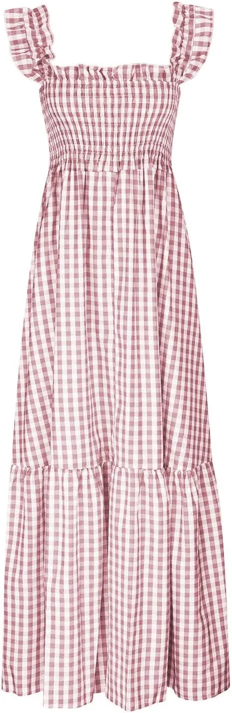 Summer Dresses for Women 2025 Strap Maxi Flowy Dresses Flying Sleeve Plaid Square Neck Casual Beach Vacation Sundress
