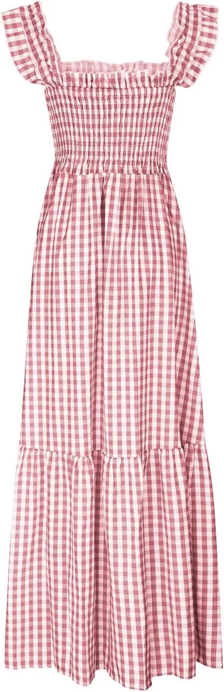 Summer Dresses for Women 2025 Strap Maxi Flowy Dresses Flying Sleeve Plaid Square Neck Casual Beach Vacation Sundress