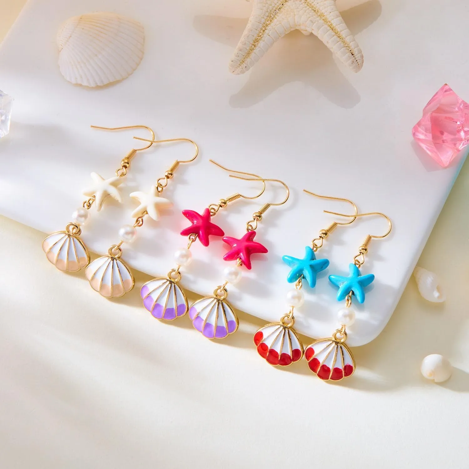 Summer Earrings for Women 2025, Clip on Earrings Non Pierced Screw Back Hypoallergenic Gold Seashell Pink Starfish Pearl Boho Beach Gold Conch Bohemia Sea Shell Ocean Scallop Trendy Jewelry