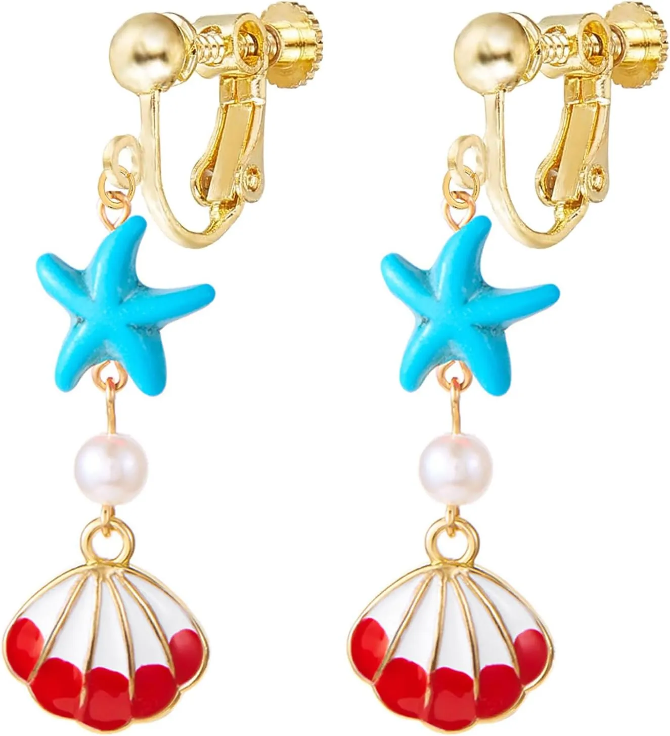 Summer Earrings for Women 2025, Clip on Earrings Non Pierced Screw Back Hypoallergenic Gold Seashell Pink Starfish Pearl Boho Beach Gold Conch Bohemia Sea Shell Ocean Scallop Trendy Jewelry