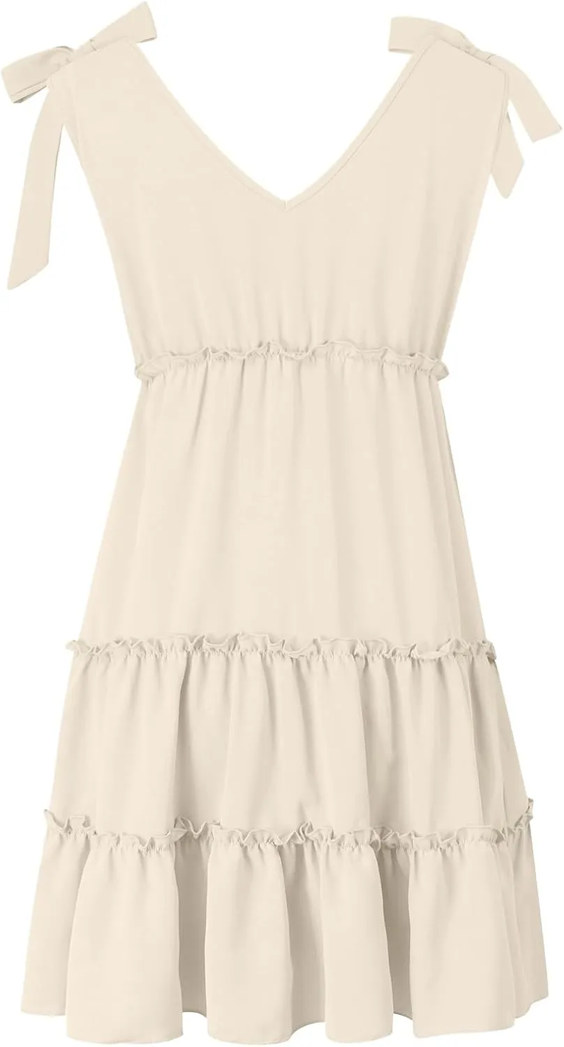 Summer Mini Dresses For Women 2025 Tie Shoulder Sleeveless Loose Fit Sundress Tiered Ruffle Flowy Knee Length Dress